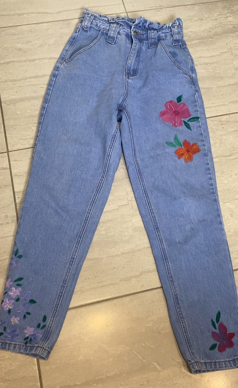Paper bag jeans with painted flowers