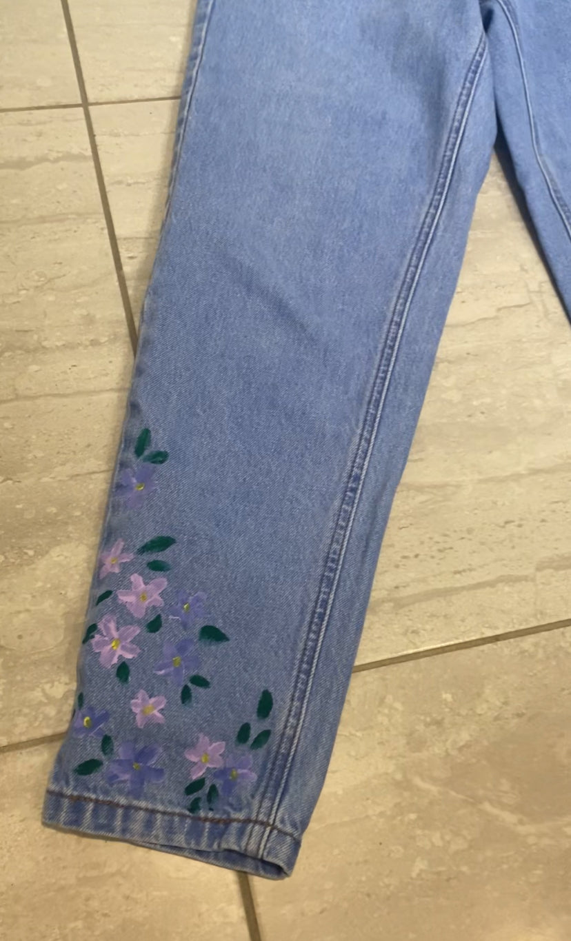 Paper bag jeans with painted flowers