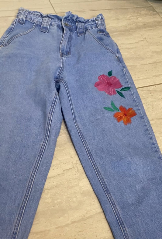 Paper bag jeans with painted flowers