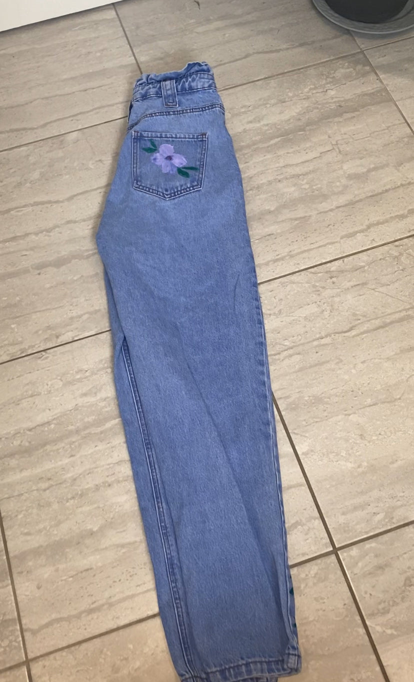 Paper bag jeans with painted flowers